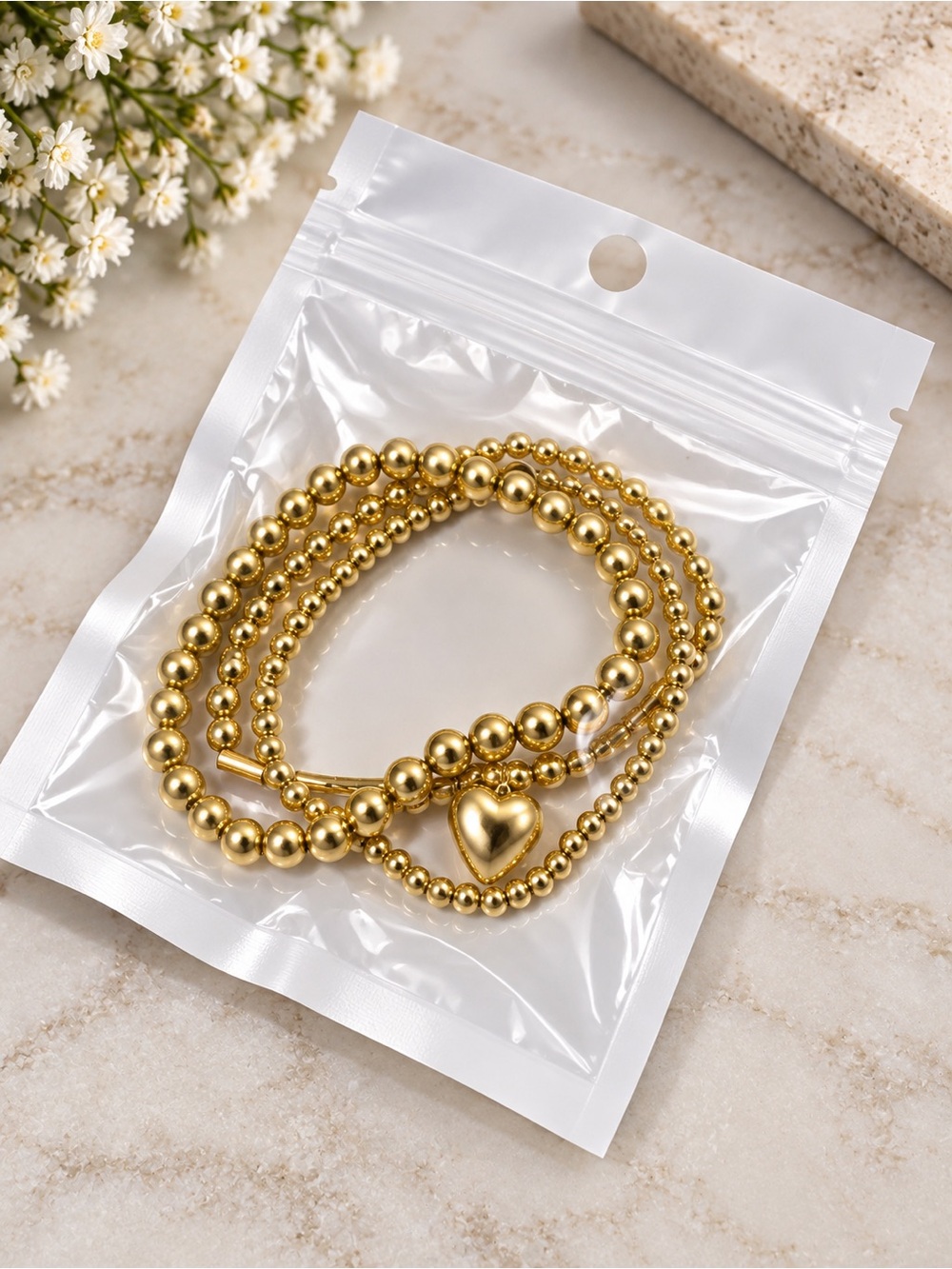 Gold Heart Beaded Stretch Bracelet Set - Women Jewelry
